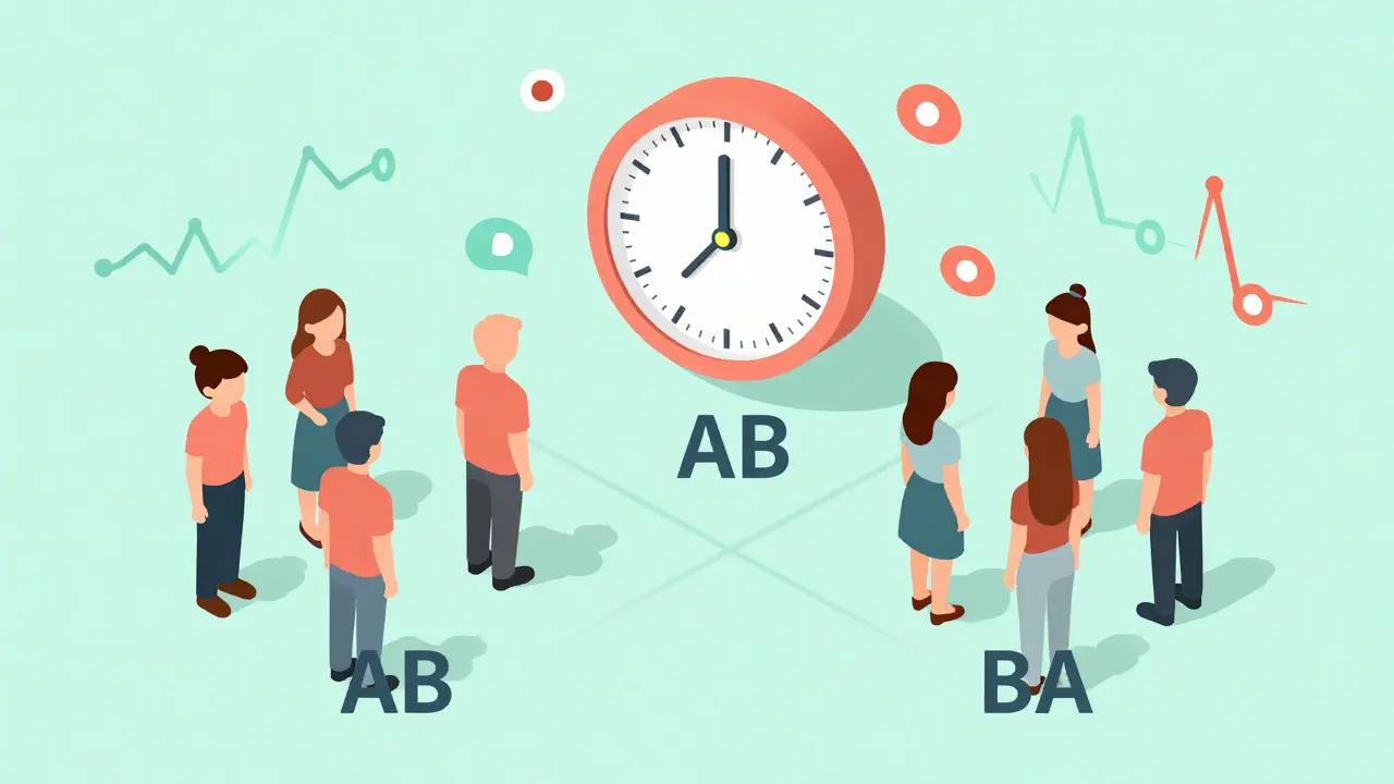 Isometric view of AB/BA crossover groups with a washout clock and pharmacokinetic curves in a clinical setting.