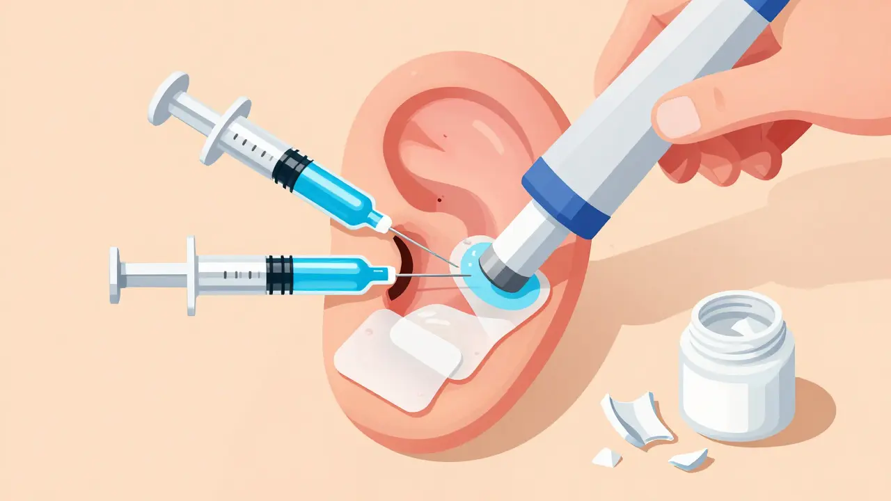 Keloid scar on ear with corticosteroid injections and silicone sheets, being treated by a gentle laser beam.