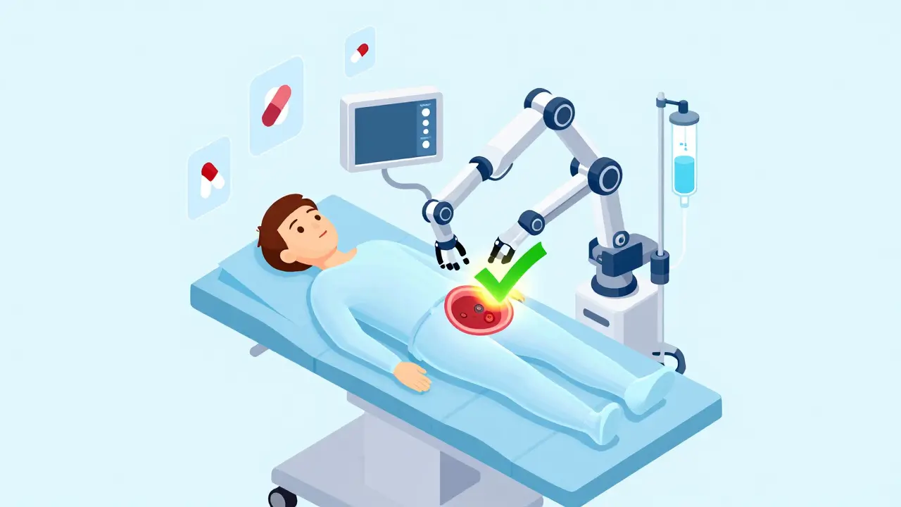 Laparoscopic surgery removing adrenal tumor with icons of pre-op prep and cure symbol.