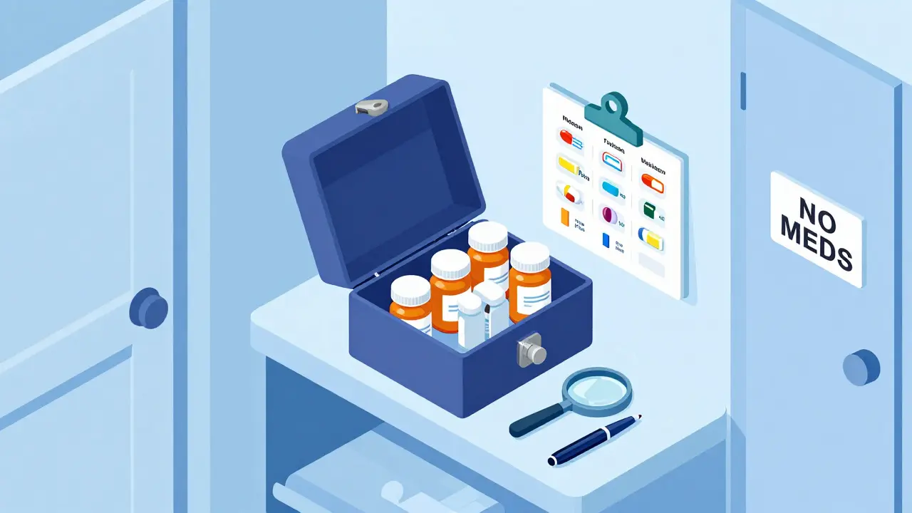 Locked medication box with photo labels and magnifying glass on a bedroom shelf.