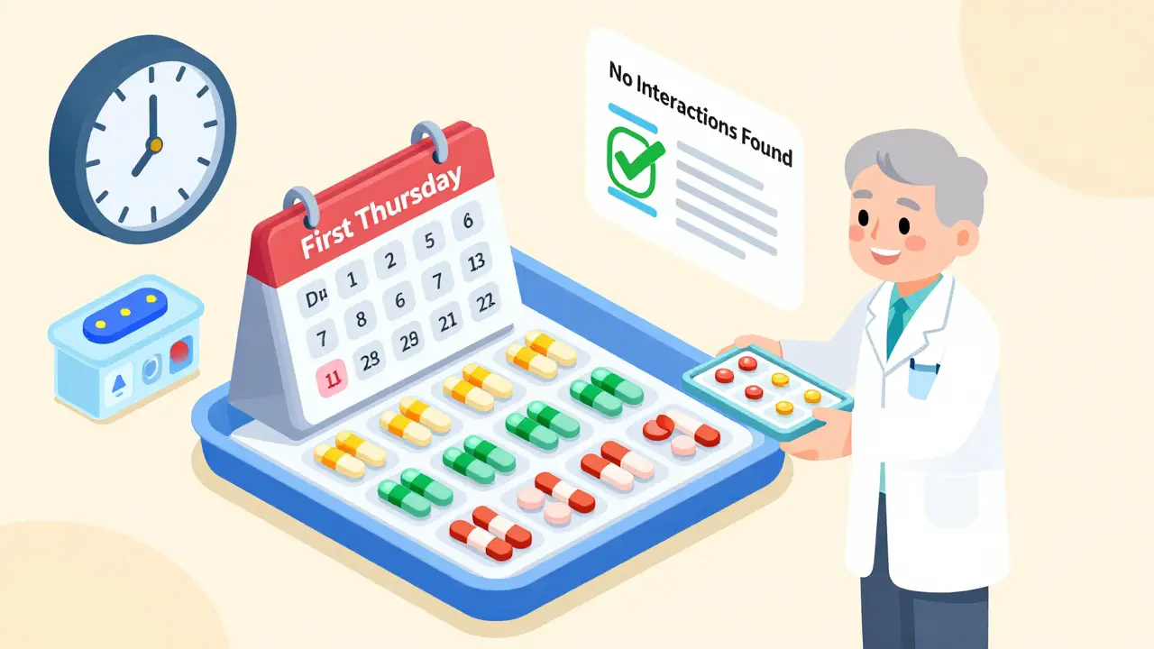 Monthly medication synchronization day with all pills organized on a tray and a pharmacist handing them over.