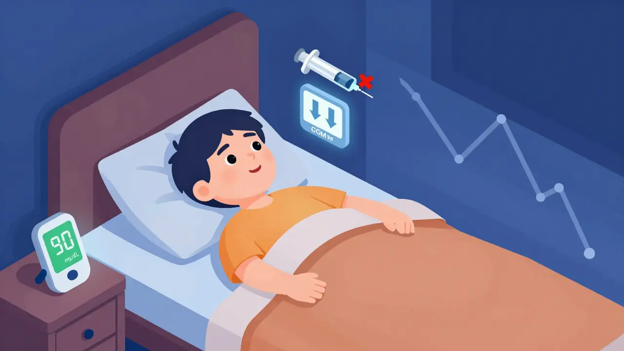 Nighttime scene with CGM showing falling glucose and insulin syringe marked to not use