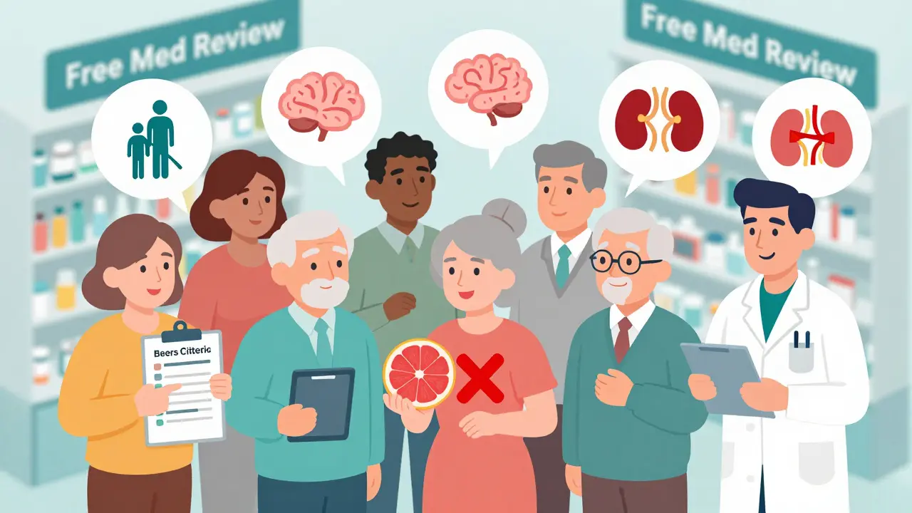 Older adults in a pharmacy reviewing medications with a pharmacist, highlighting risky drug combinations.