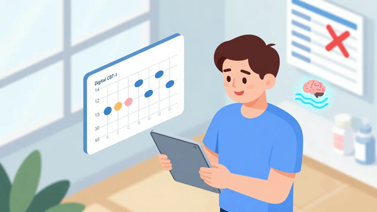 Person using a CBT-I app with morning light and pharmacist reviewing meds in a clean isometric style.