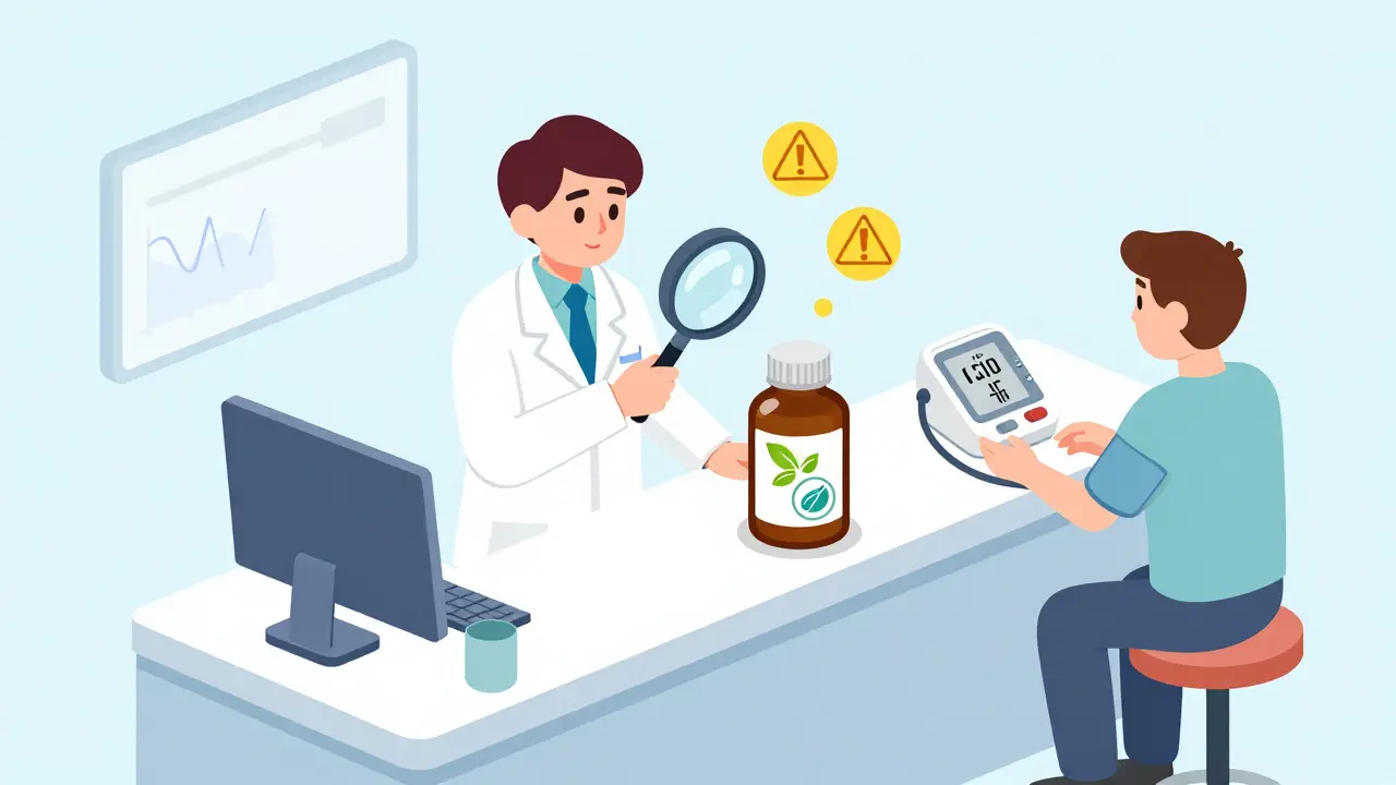 Pharmacist examining green coffee extract bottle under magnifying glass while patient checks erratic blood pressure reading.