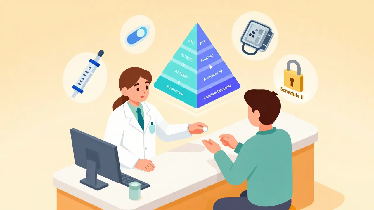 Pharmacist handing a pill to a patient while a floating ATC code pyramid hovers above with health icons.
