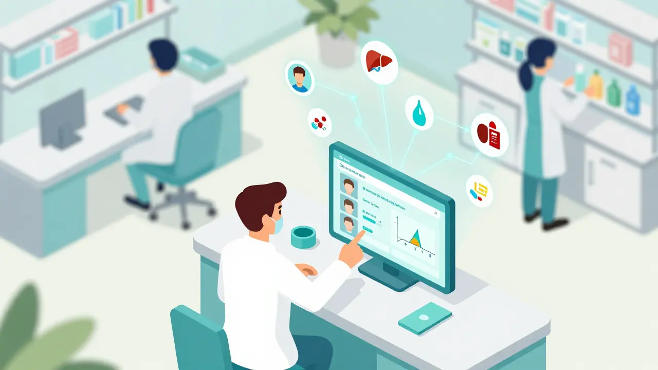 Pharmacist interacting with a digital drug safety portal displaying real-time patient alerts and medication connections.