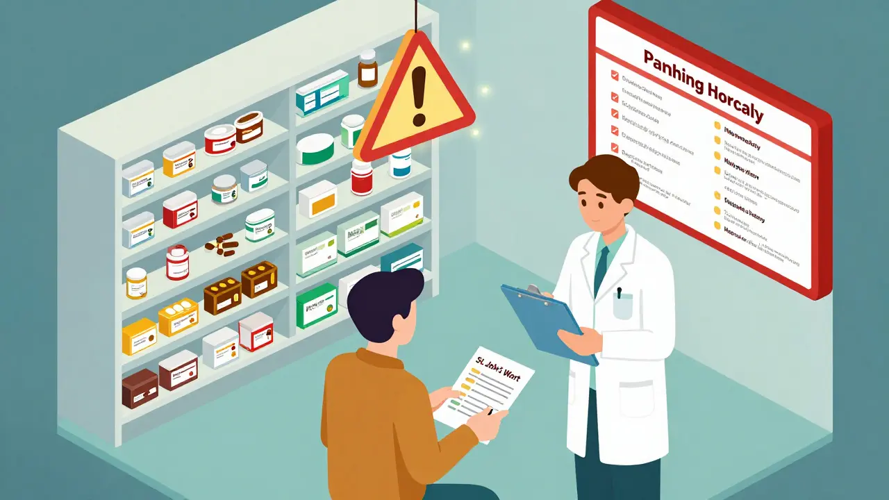 Pharmacist reviewing a patient's full medication profile with warning signs for dangerous drug combinations.