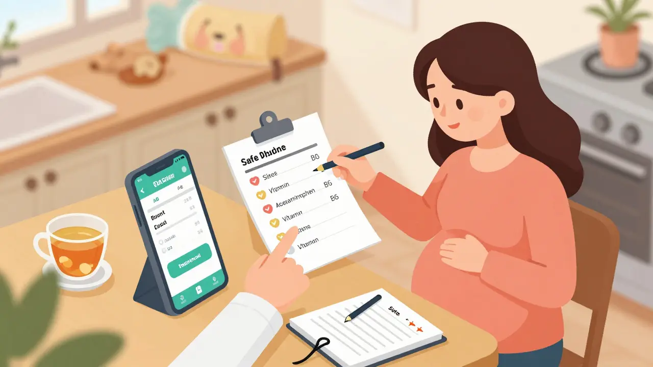 Pregnant woman reviewing a medication list with a doctor's hand, smartphone showing FDA app, ginger tea on table.