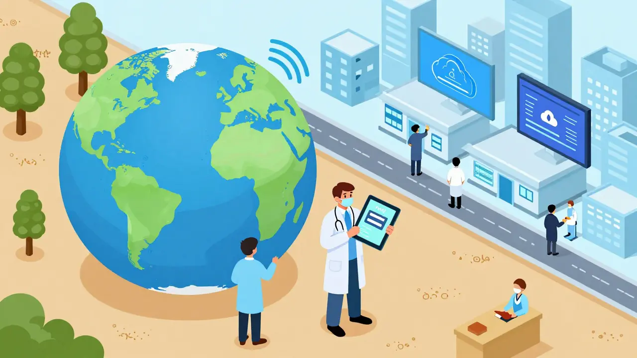Rural clinician using an offline safety app while urban hospital systems sync data in the background, showing global access.