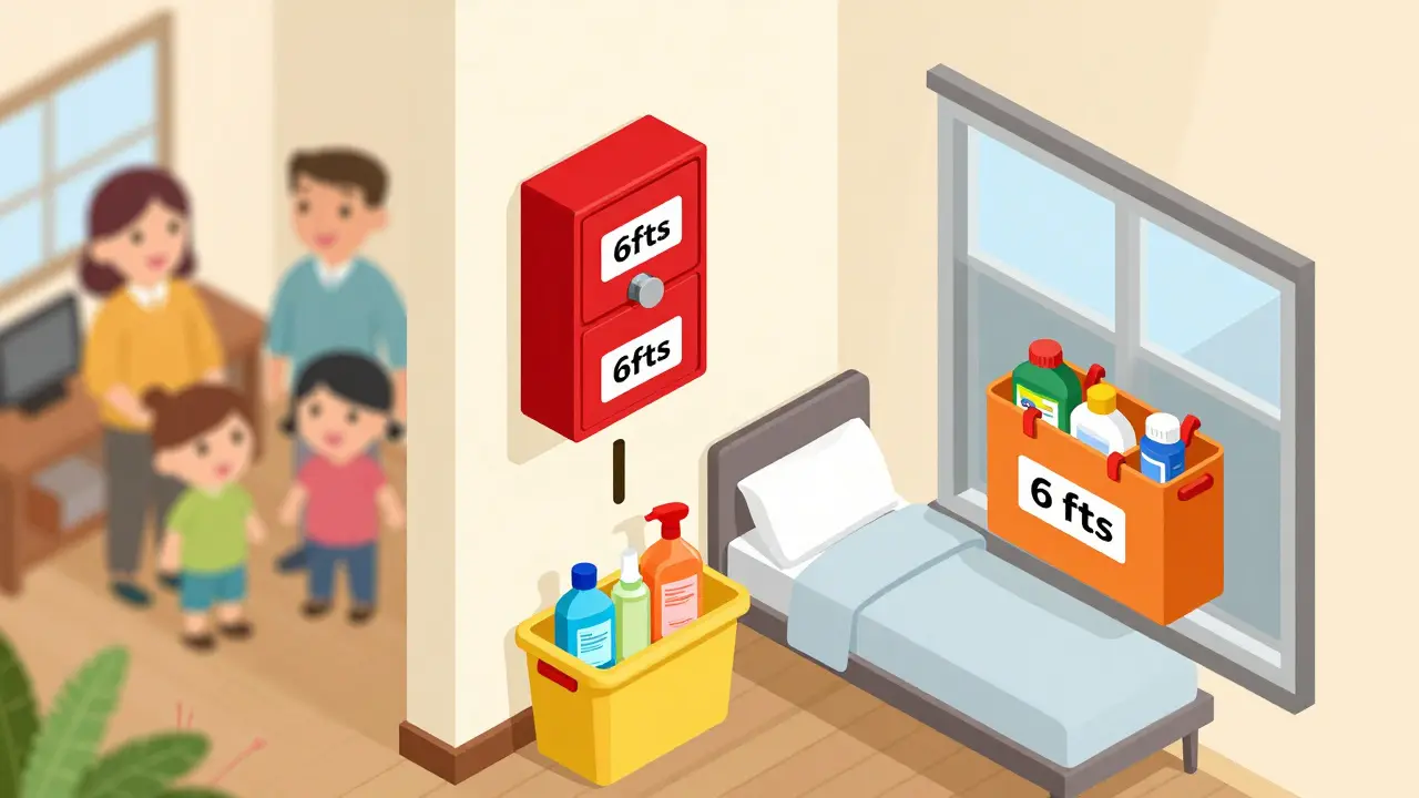 Small apartment storage solution: meds high on wall, cleaners under bed, hazardous items in outdoor tote, all separated by 6 feet.