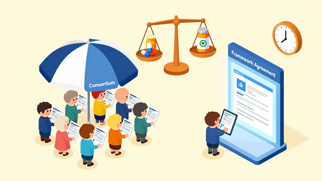 Small drug manufacturers united under a consortium umbrella submitting digital bids to a framework agreement portal.