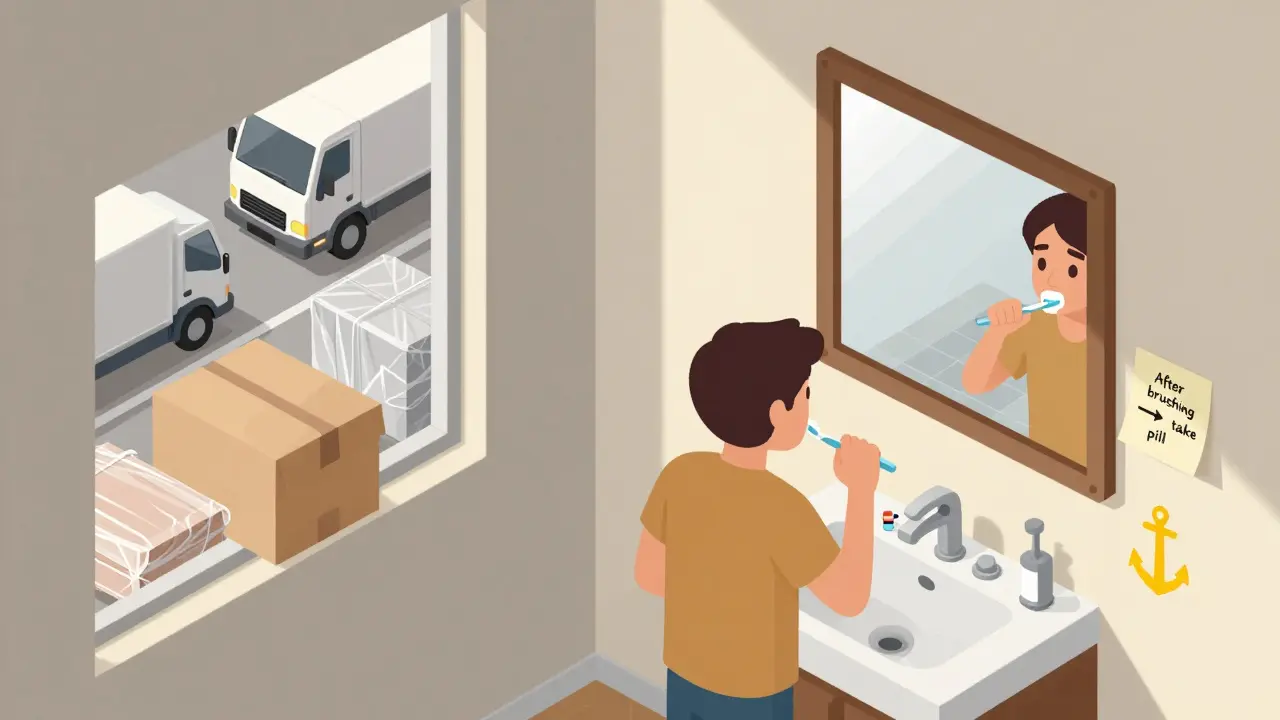 Someone brushing teeth with pill case on sink, sticky note reminder on mirror during a house move.