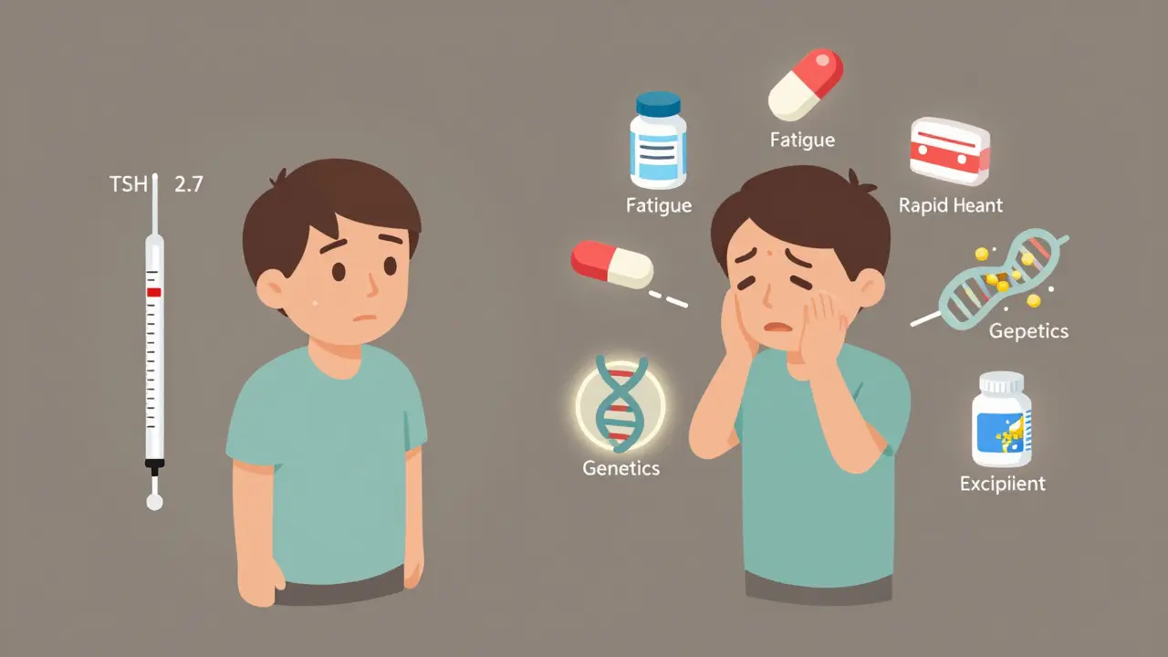 Split illustration showing balanced vs. symptomatic thyroid patient with medication brands and biological factors.