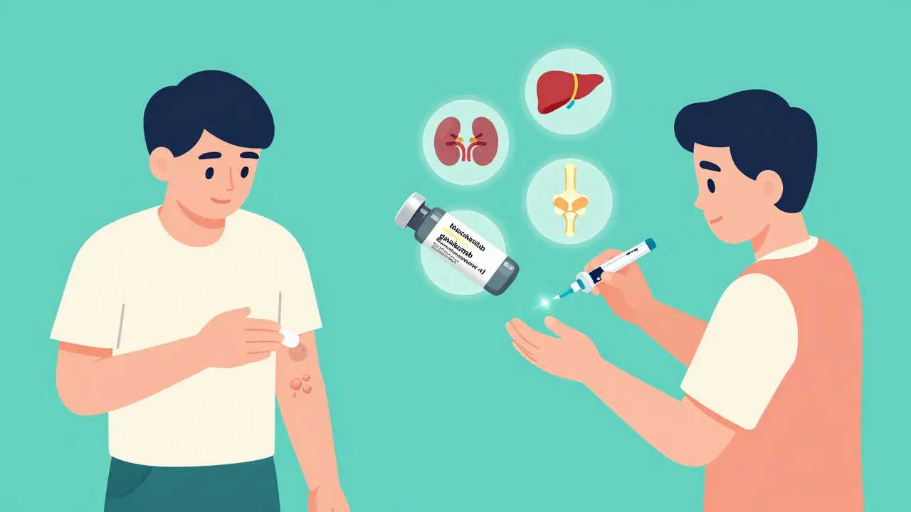 Split isometric scene showing topical treatment vs systemic therapies for psoriasis.