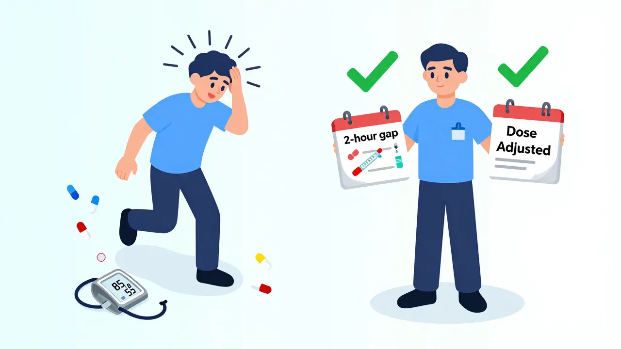 Split scene: person fainting from low blood pressure vs. person safe with timed medication gap and doctor's note.