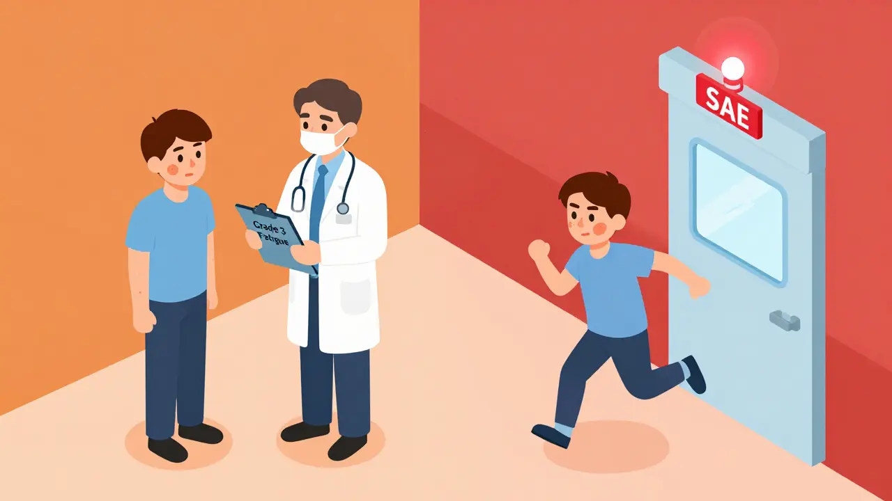 Split scene showing mild side effect vs. hospitalization due to same rash, illustrating severity ≠ seriousness.