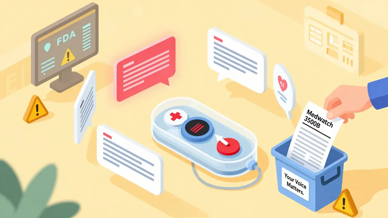 Transparent medical device surrounded by patient reports triggering an FDA alert, with a MedWatch form being submitted.