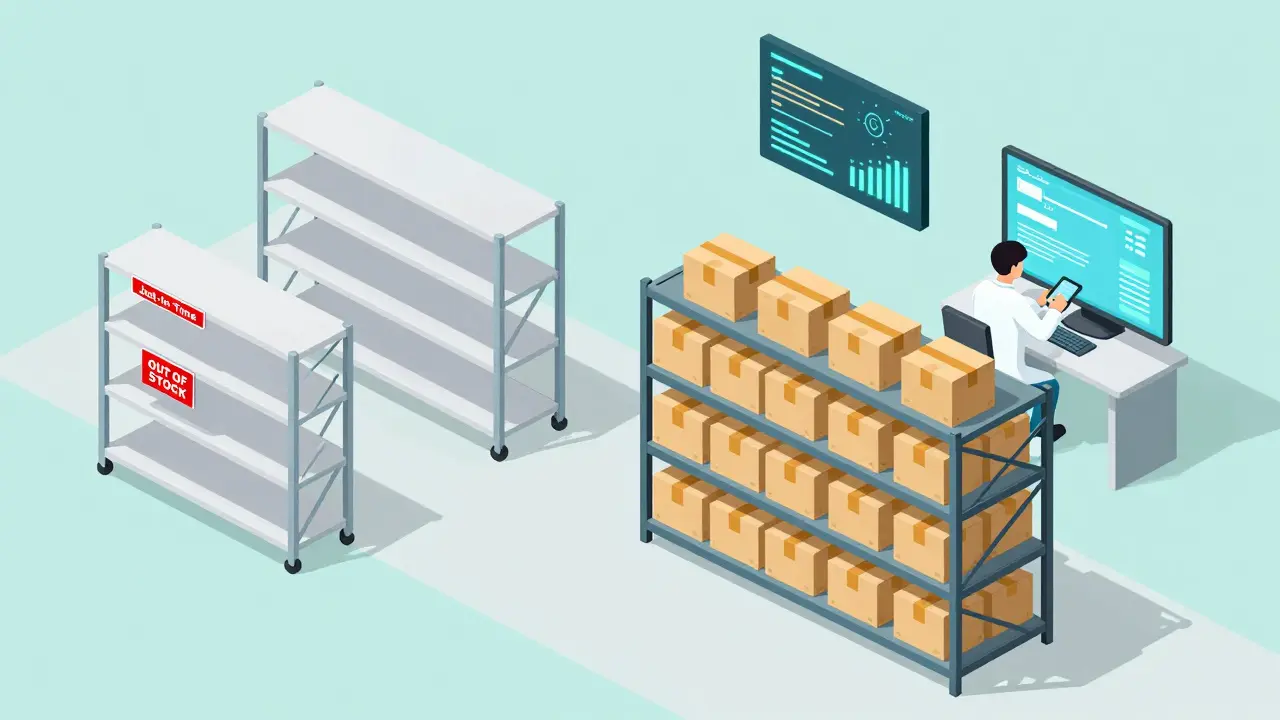 Warehouse with empty shelves vs. buffer stock, AI dashboards glowing above.
