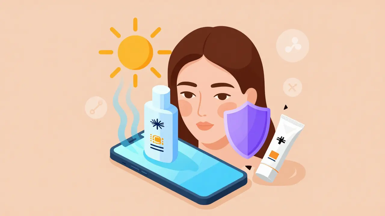 Woman's face with melasma patches protected by tinted sunscreen while sun and blue light rays are blocked by a shield.