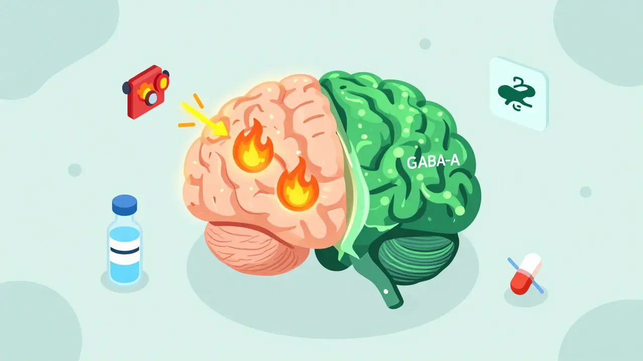 A brain with alerting histamine signals on one side and sedating GABA waves on the other.