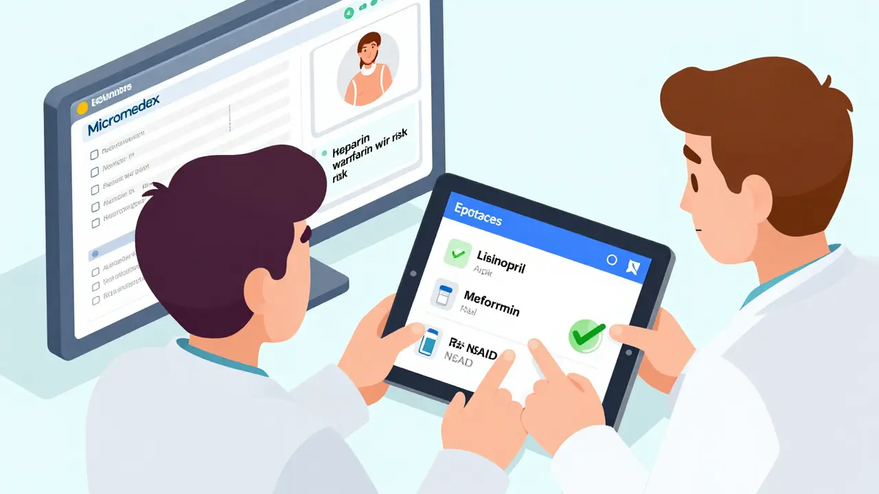 A clinician using a tablet with an app showing drug interaction alerts and safer alternatives, with hospital EHR screens in the background.