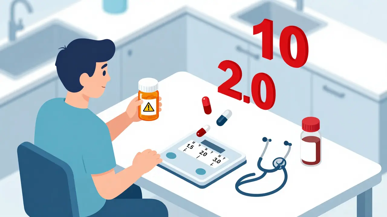 A patient watches generic warfarin tablets roll toward dangerous INR levels on a scale, with medical tools nearby.