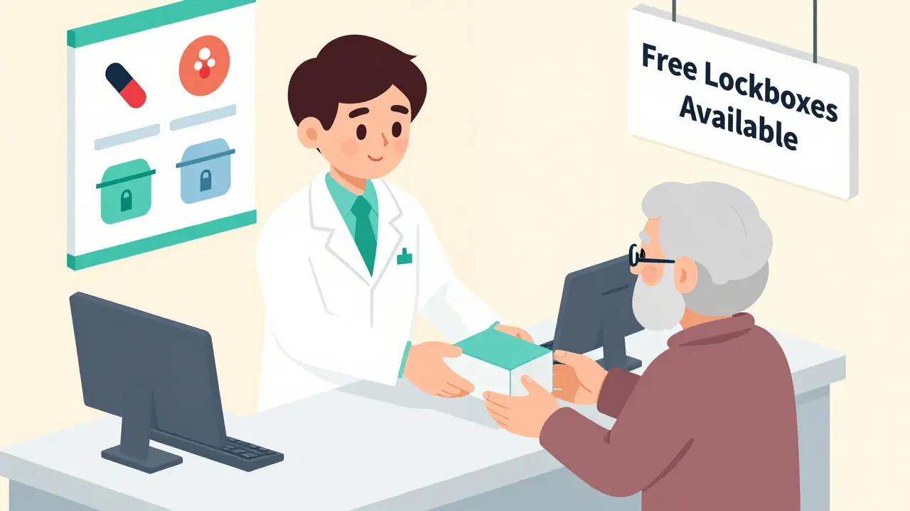 A pharmacist giving a locked medication box to an elderly patient at a pharmacy counter with a free lockbox poster.
