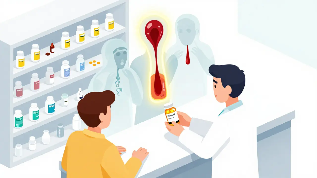 A pharmacist hands a generic pill bottle to a patient while ghostly medical emergencies emerge from it.