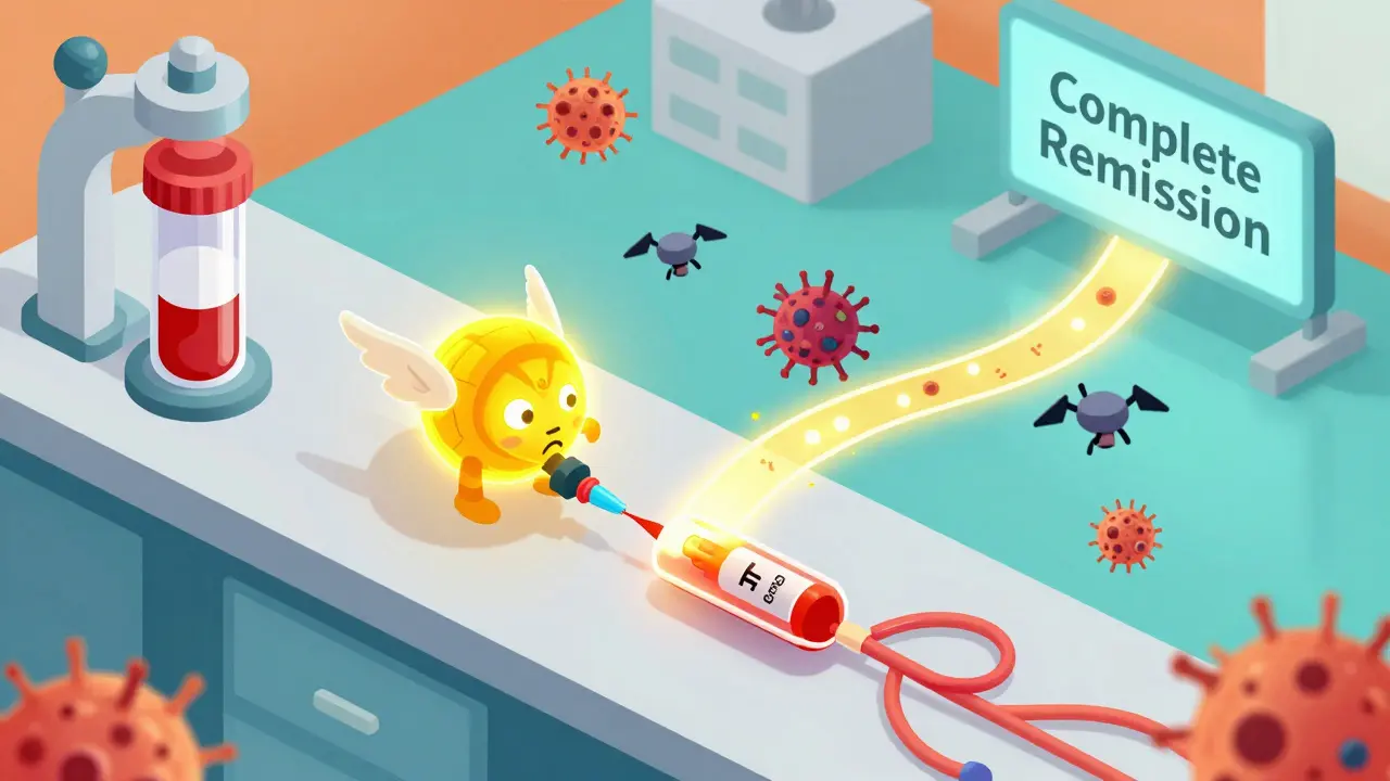 CAR T-cells being engineered in a lab and flying through blood to destroy cancer cells.