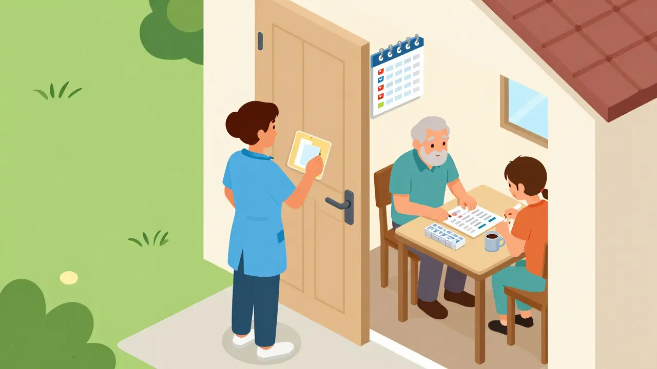 Community health worker visiting an elderly man at home with his granddaughter, reviewing medication schedule.