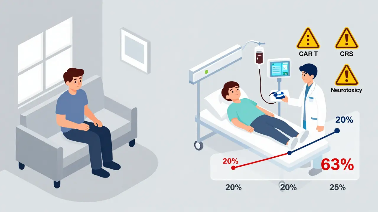 Contrasting home-based targeted therapy with hospital-based CAR T-cell treatment.