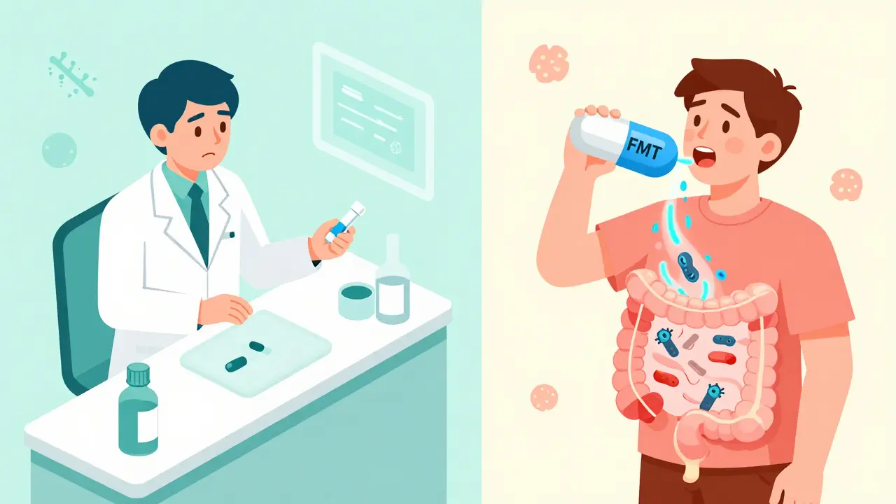 Contrasting scenes of antibiotic prescription versus oral fecal transplant capsule being swallowed in a medical setting.