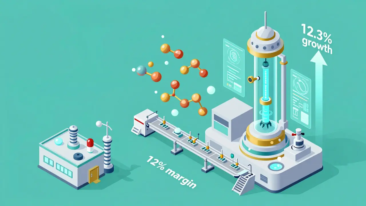 Futuristic biosimilar lab with advanced machinery contrasted against a simple generic pill factory, highlighting growth and complexity.