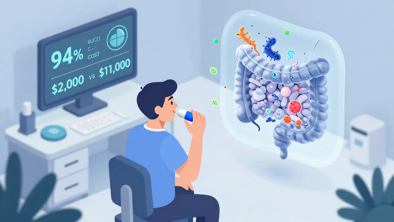 Futuristic gut therapy with floating microbiome model showing beneficial bacteria defeating C. diff spores.