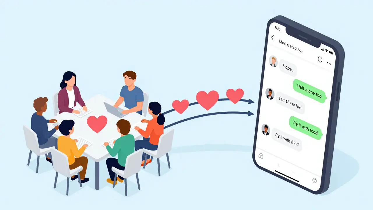 Hybrid medication support combining in-person group sharing and digital peer messaging through a smartphone.