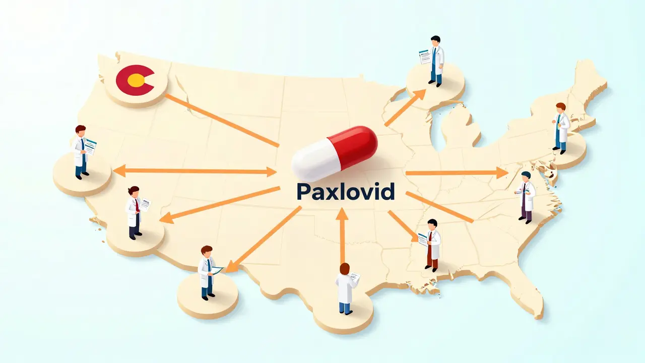 National map showing expanding pharmacist prescribing rights with Paxlovid as federal symbol
