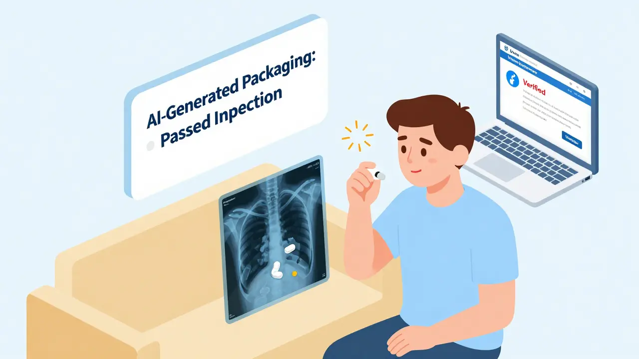 Patient taking a fake pill that dissolves into chalk inside their body, with a fake online pharmacy screen glowing nearby.