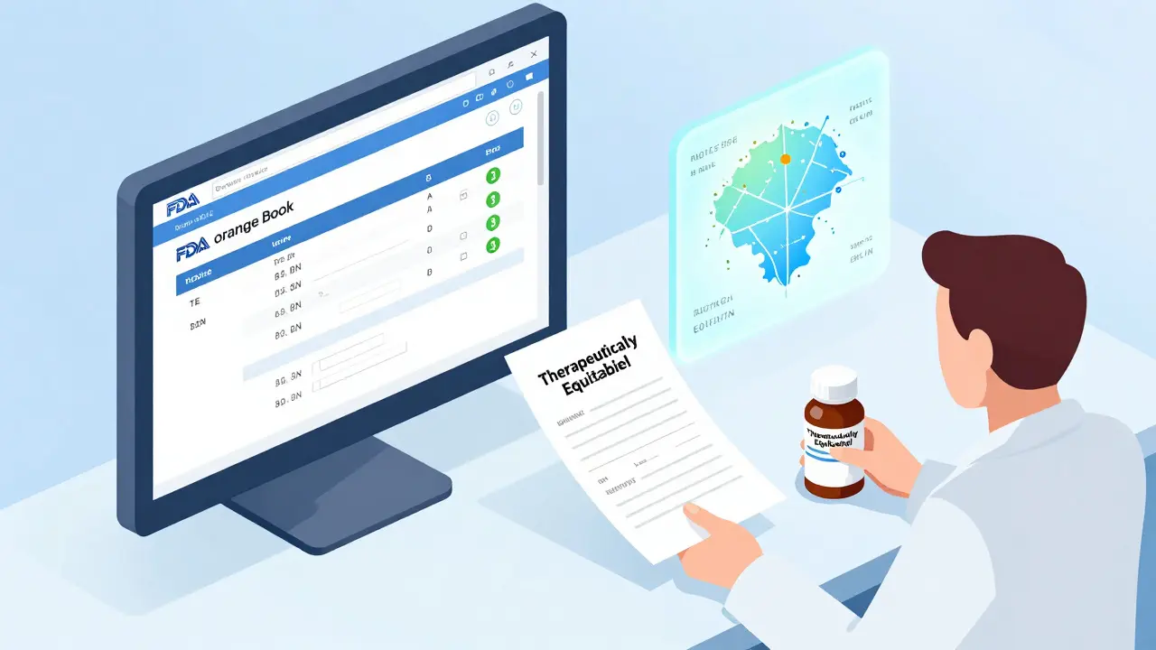 Pharmacist filling a prescription with generic medication while viewing FDA Orange Book TE codes on a digital screen.