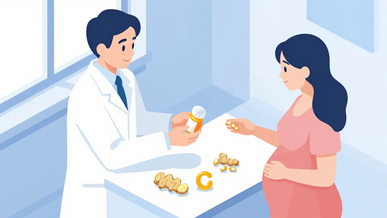 Pharmacist providing medication to pregnant woman in clinic