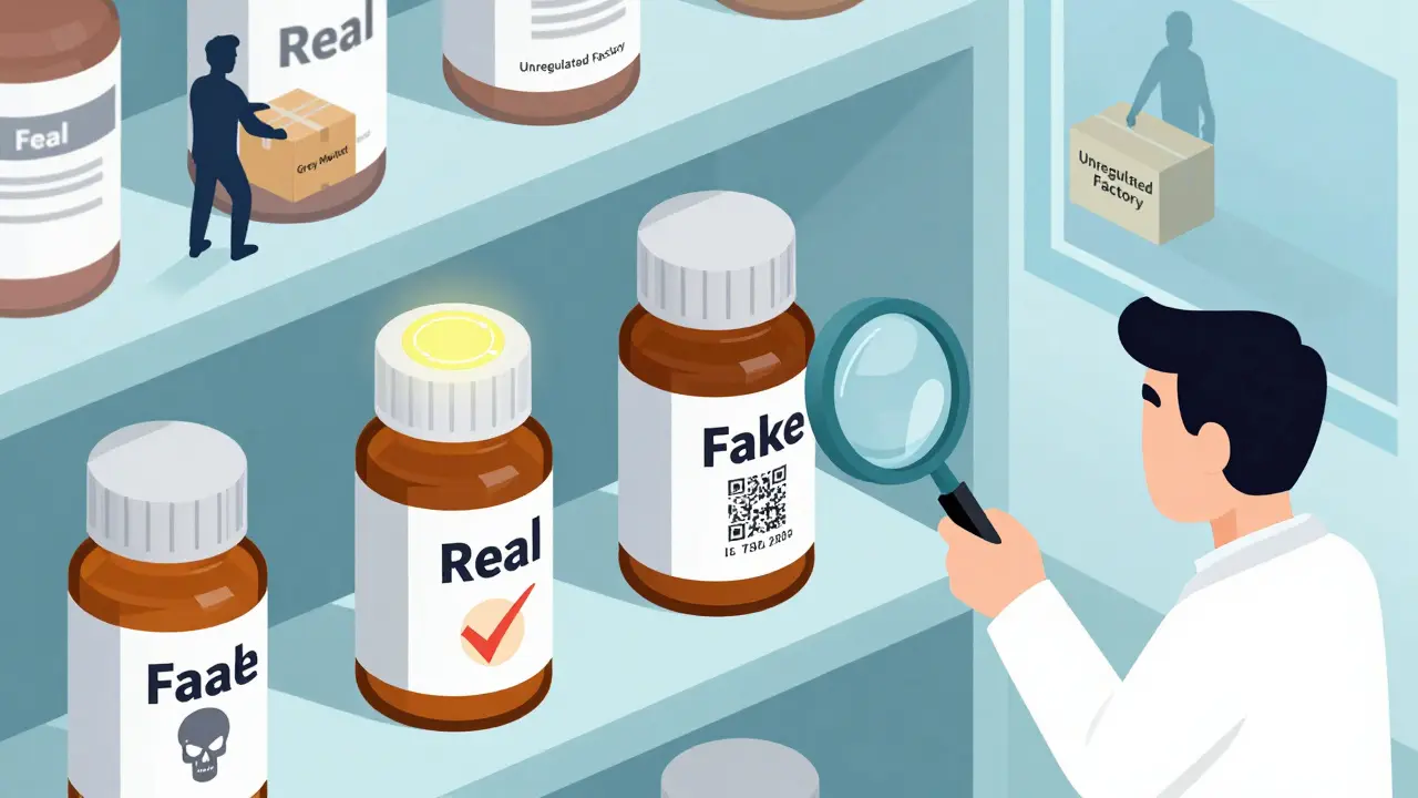 Pharmacy shelf with real and fake pill bottles side by side, a pharmacist examining details with a magnifying glass.