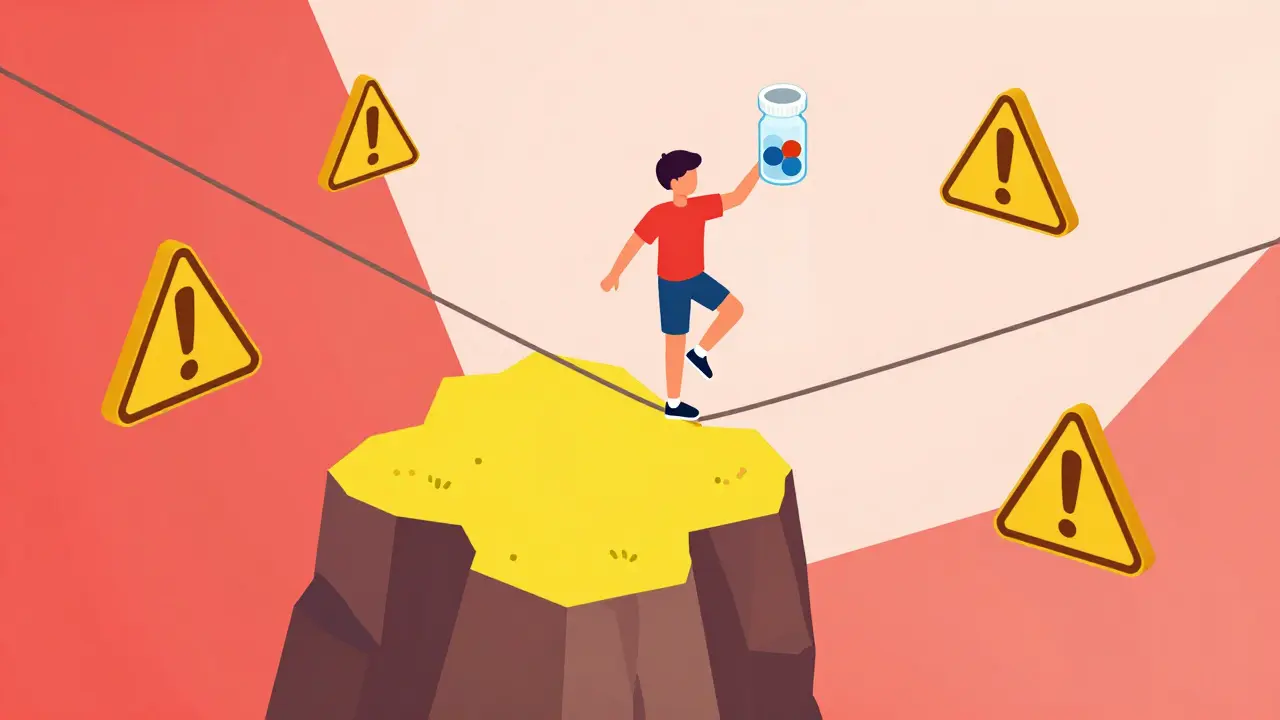 Tightrope walker balancing on narrow therapeutic index pill line