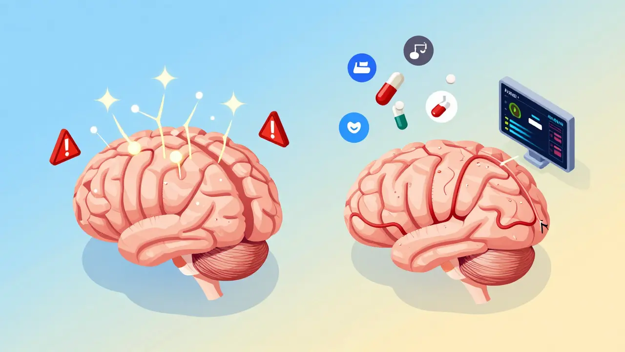 A healing brain transitioning from withdrawal chaos to calm neural pathways with medical support.