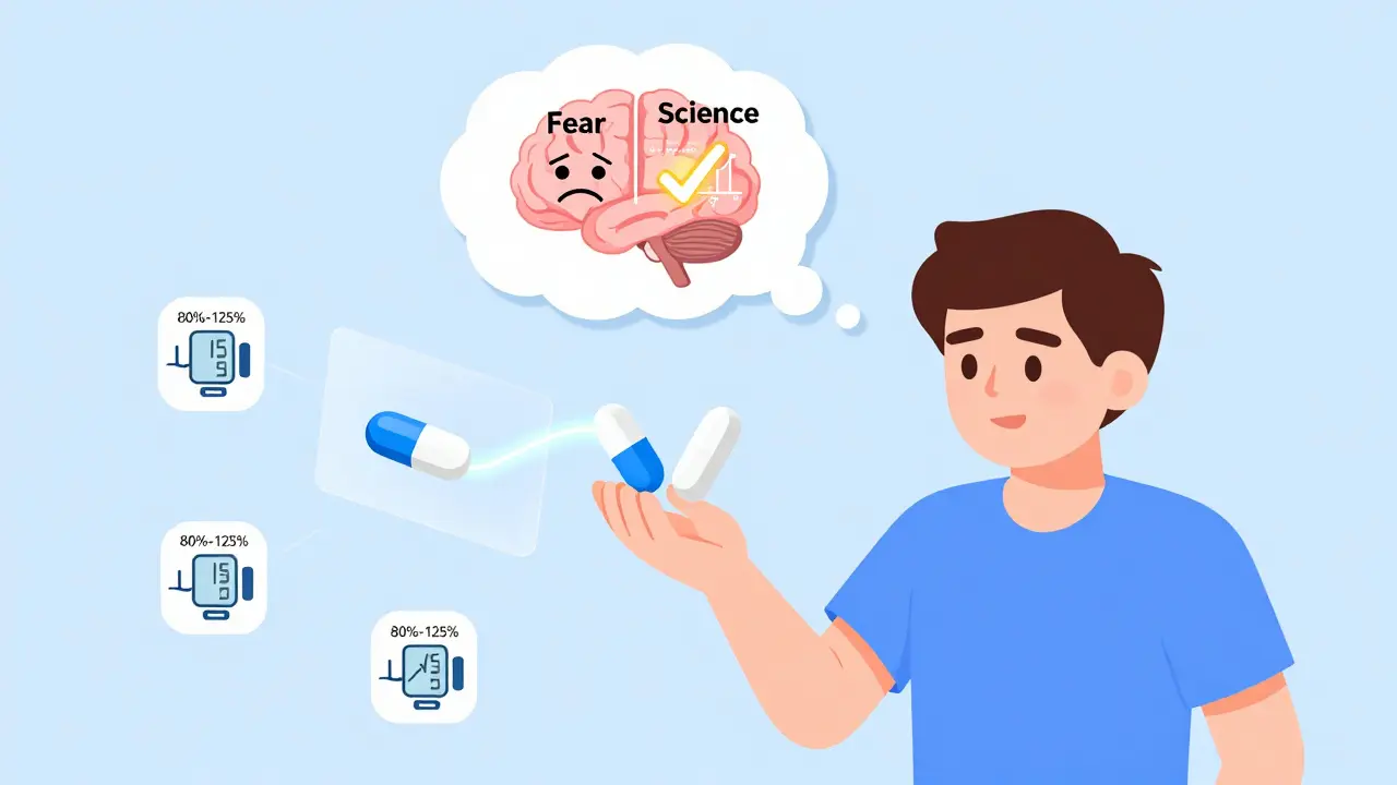 A patient holding two pills with a brain split between fear and science, surrounded by health data.