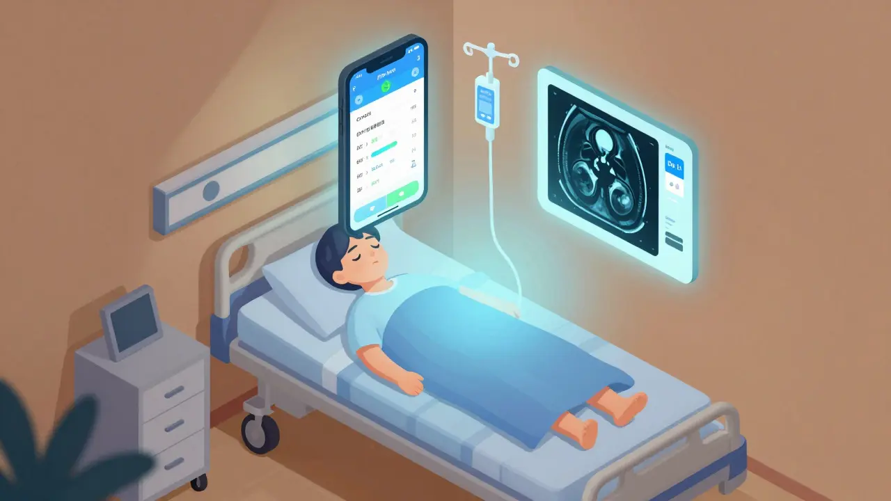 A patient sleeps peacefully as digital interfaces show pain tracking, genetic data, and radiation therapy details.