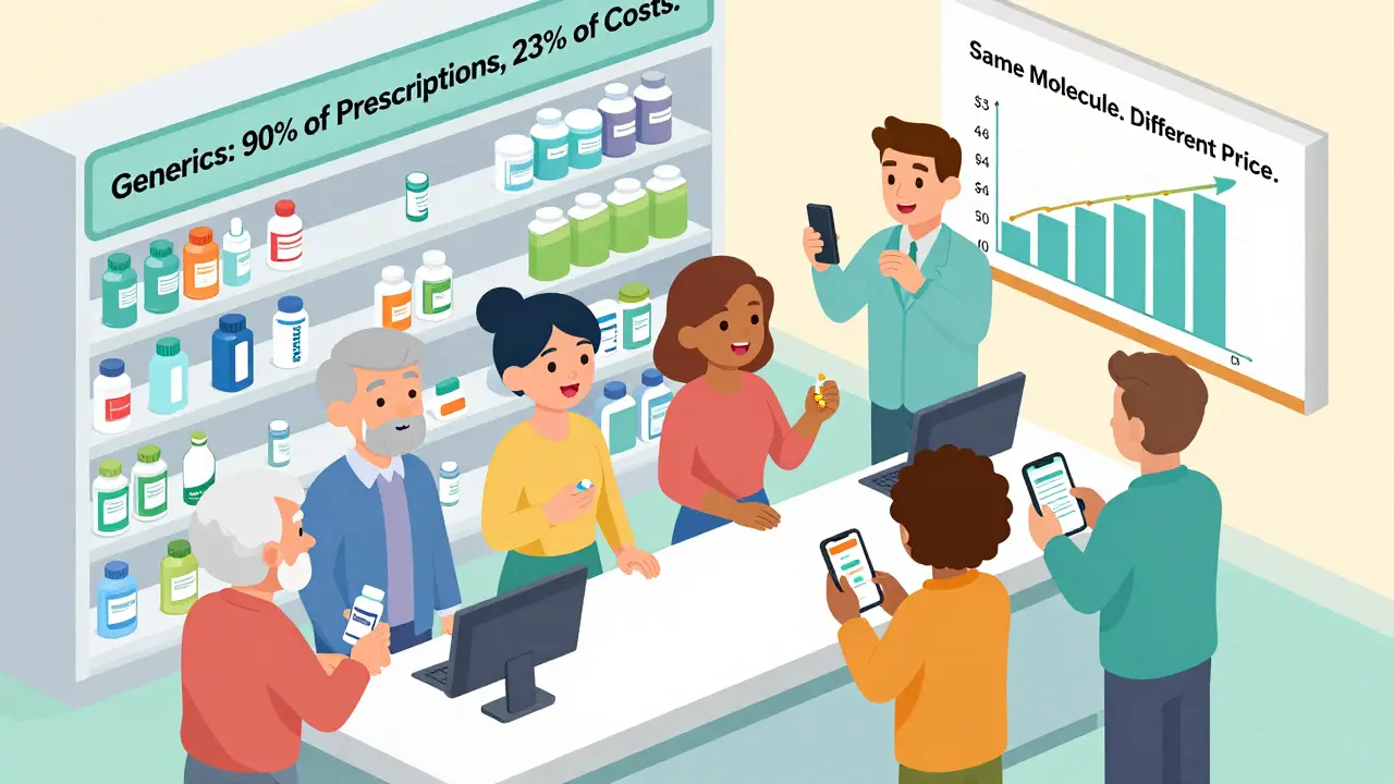 A pharmacy scene with diverse patients taking generic drugs, showing cost savings and medication tracking.