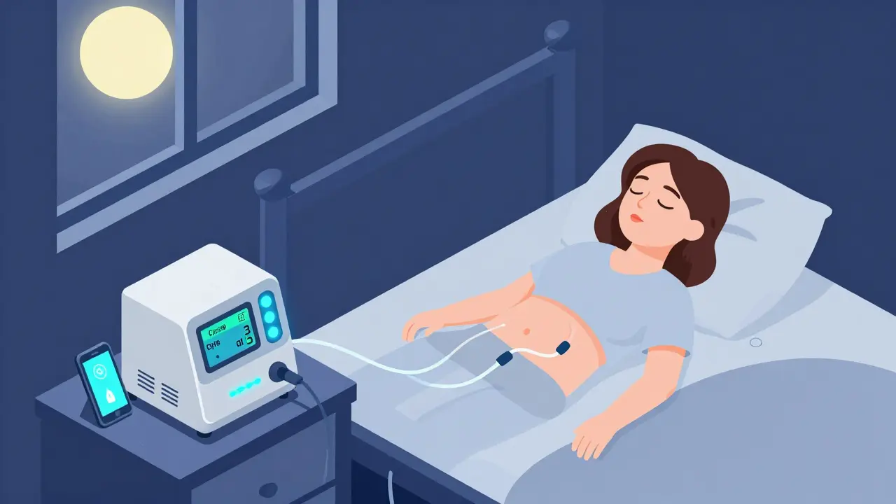 A woman sleeping peacefully as an automated peritoneal dialysis machine operates quietly beside her bed at night.