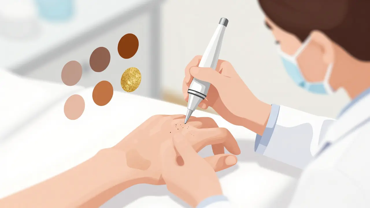 Dermatologist performing micropigmentation on a wrist, showing pigment dots and color swatches for vitiligo matching.