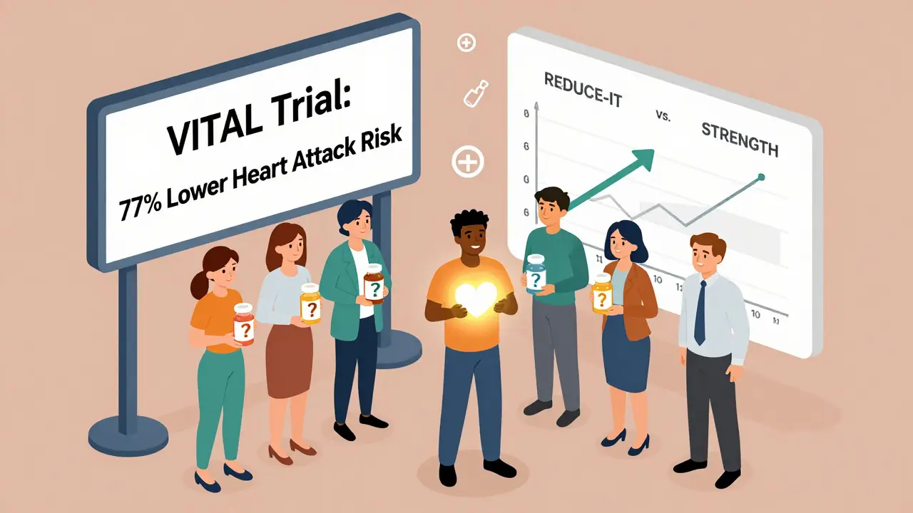 Diverse group of people under a sign about heart health benefits, with chart comparing EPA trial results.