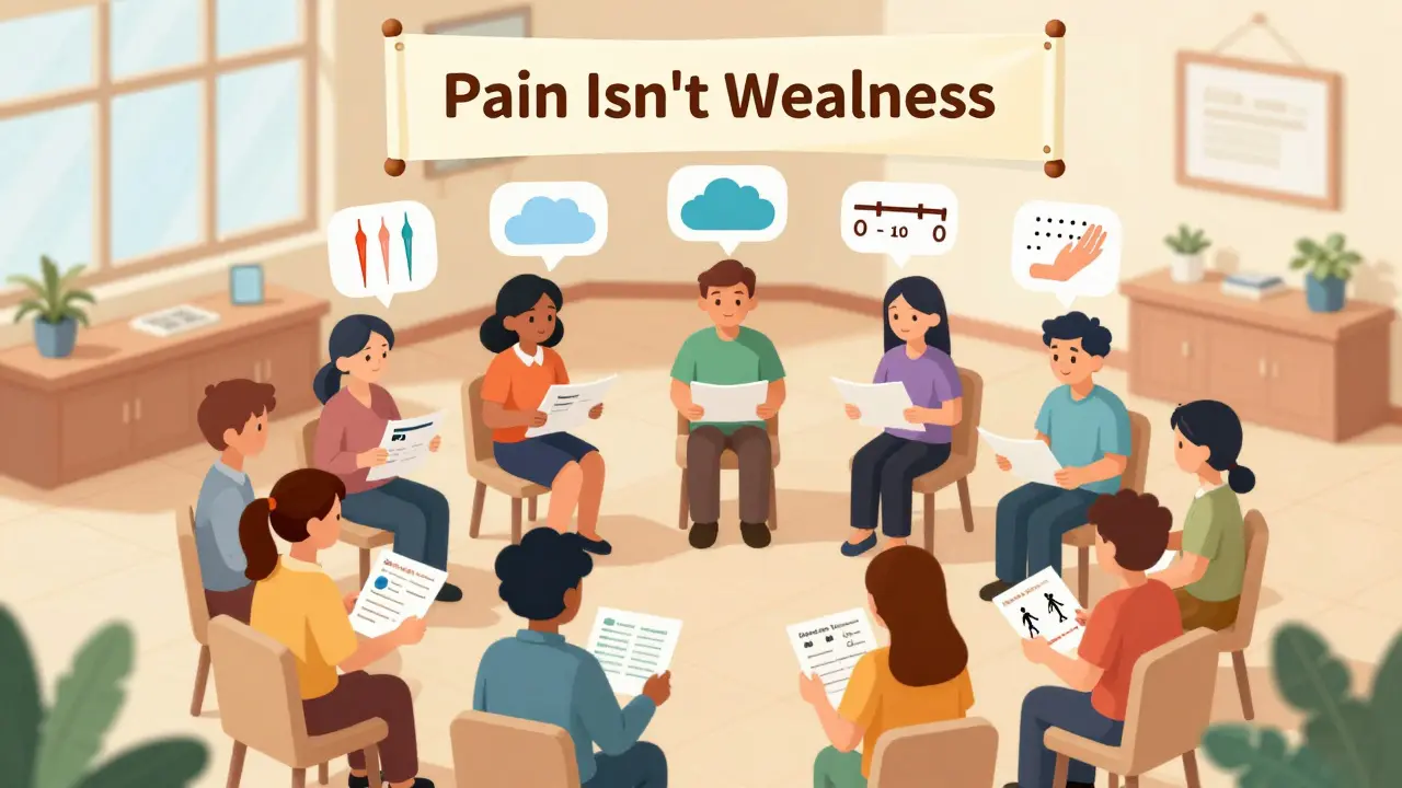 Diverse patients in a community center holding personalized pain management plans with healing icons above them.